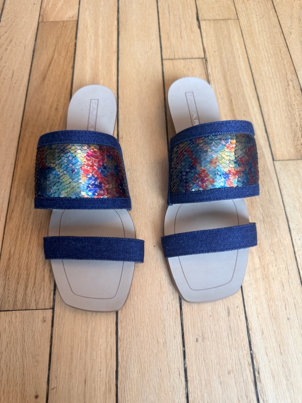 Tahari FERN slide sandals multicolor rainbow sequins, blue denim straps. - Picture 2 of 6